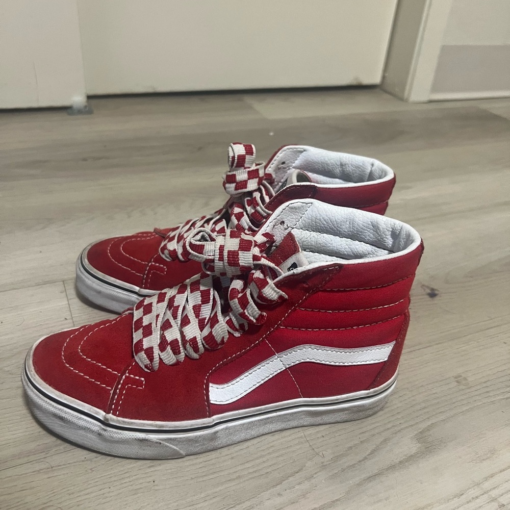 Vans Sk8 Hi Formula One Red Suede High Top Sneakers Shoes with Red Checker Laces